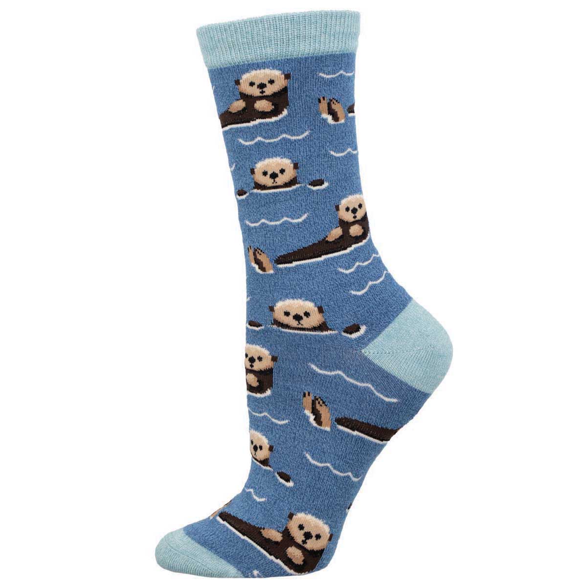 A pair of blue socks with a pattern of otters in various playful poses.