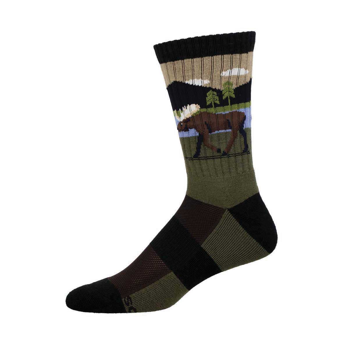 A pair of green merino wool socks with a moose design on the cuff, featuring a checkered pattern towards the ankle.