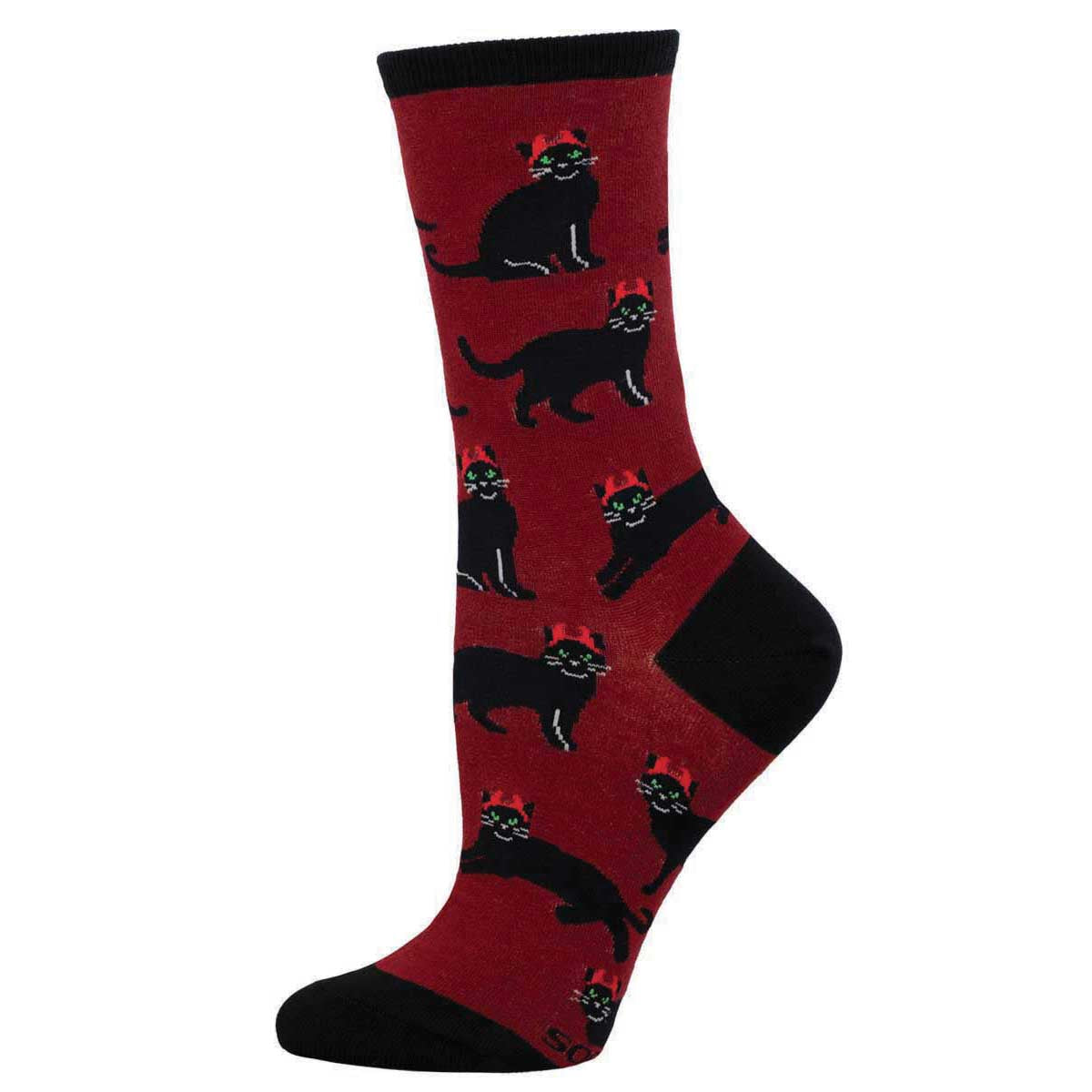 A pair of red crew socks with black cats wearing devil horns with black heel, toe, and cuff accents.