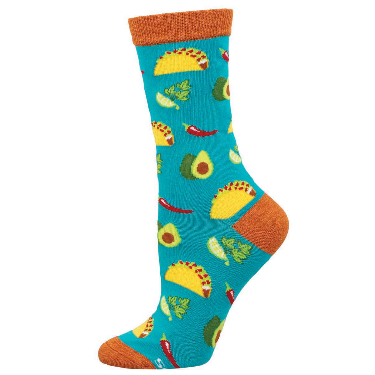 A colorful sock with a pattern of tacos, avocados, and other food items on a blue background with an orange cuff.