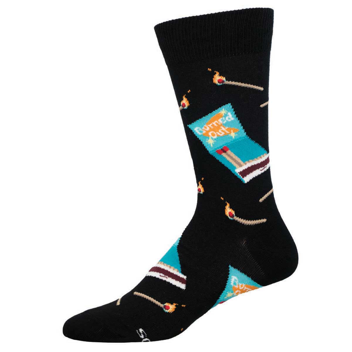 A pair of black crew socks with a design featuring matches and a book titled 'Burned Out'.