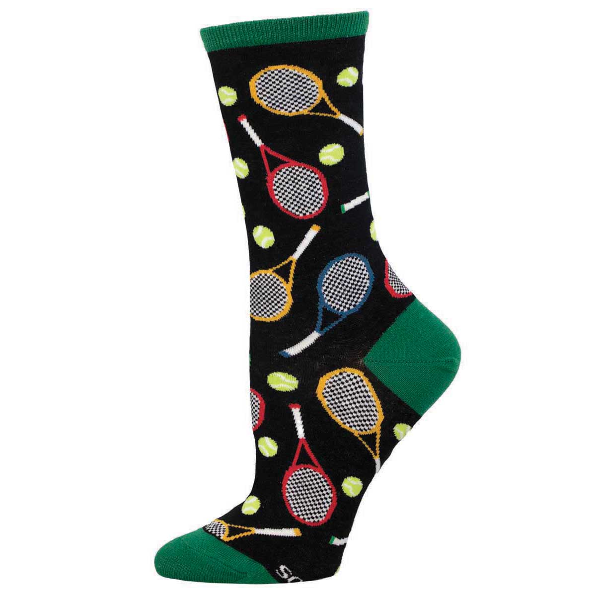 A pair of women's crew socks with a tennis theme, featuring colorful tennis rackets and tennis balls on a black background with green at the heel and toe.