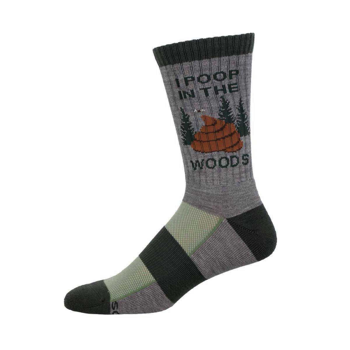 A pair of merino wool socks with a pattern that includes text and a graphic representing a cartoon poop in a natural setting.