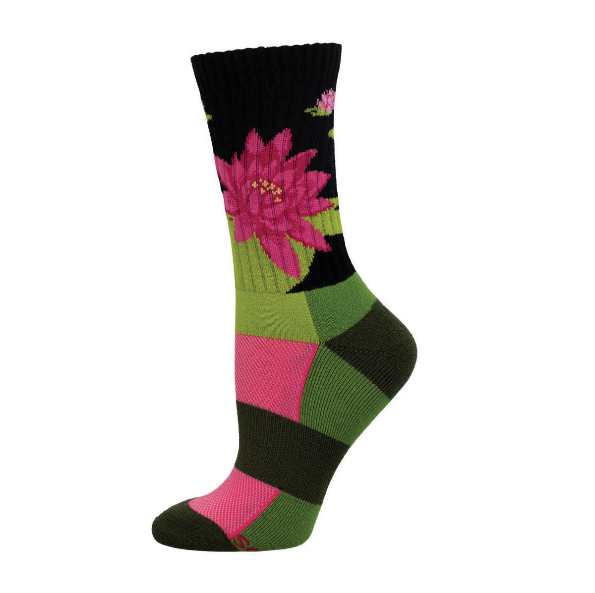 A colorful pair of Merino wool socks with a floral pattern, featuring pink water lilies, green leaves, and black accents.