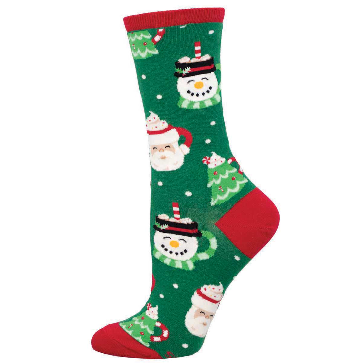 A pair of green holiday socks with a pattern featuring Santa Claus, Snowman, and Christmas tree mugs of hot cocoa.