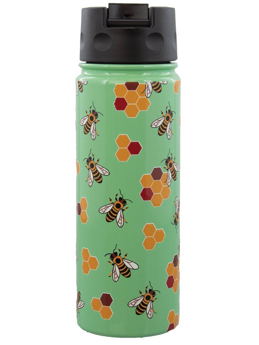 A green stainless steel water bottle with a flip lid, decorated with a pattern of bees and honeycomb.