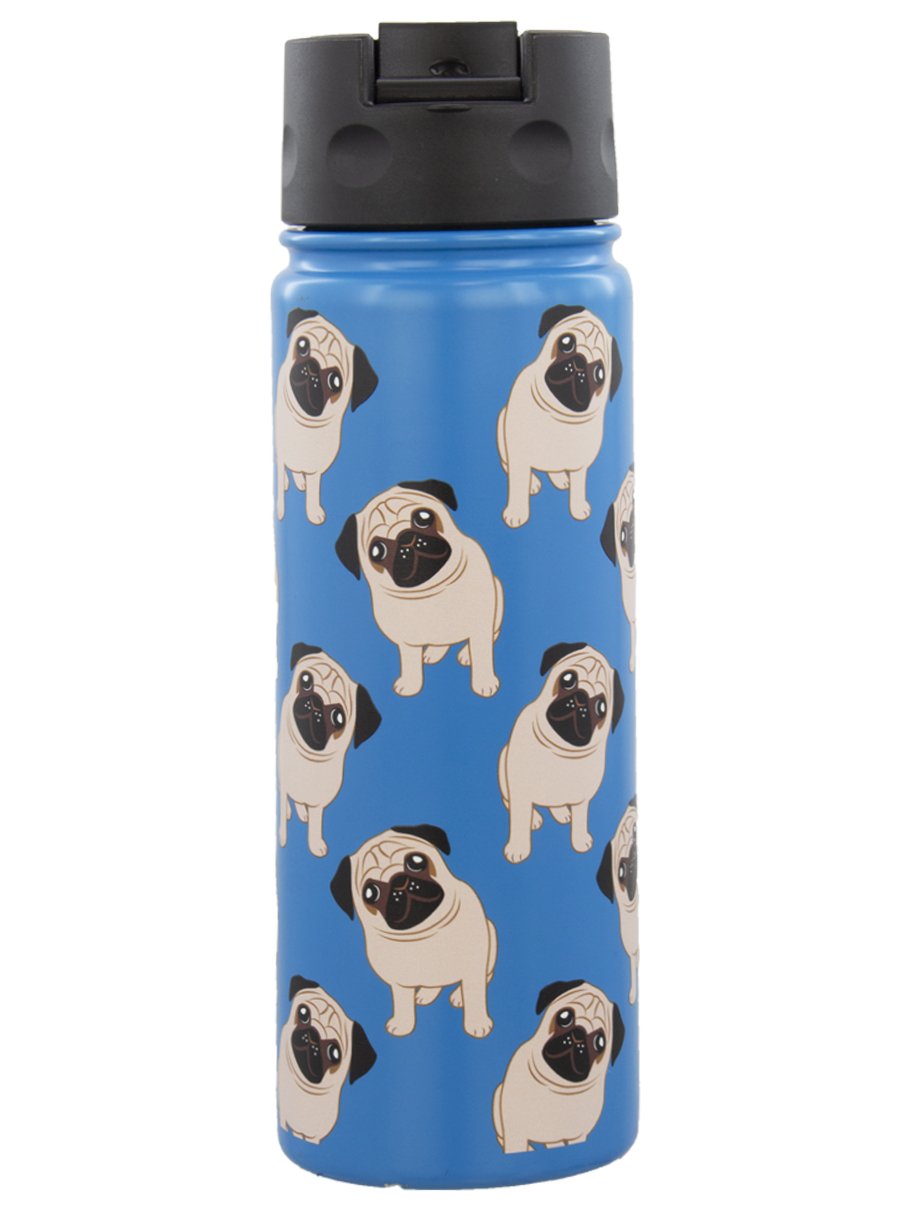 A blue stainless steel water bottle with a pattern of pug dogs and a black flip lid.