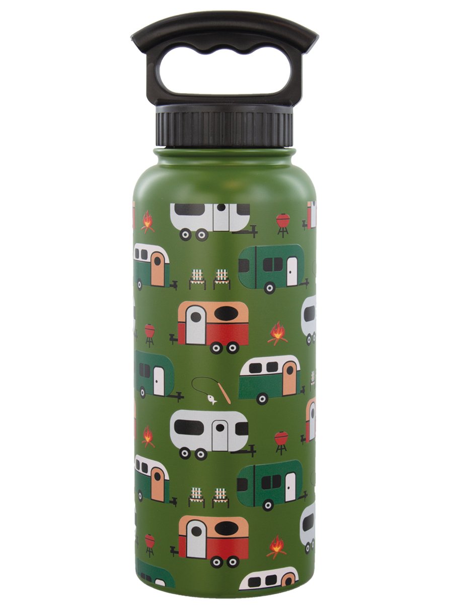A green insulated stainless steel water bottle with a 3 finger lid, featuring a pattern of camping scenes with RVs, trees, and mountains.