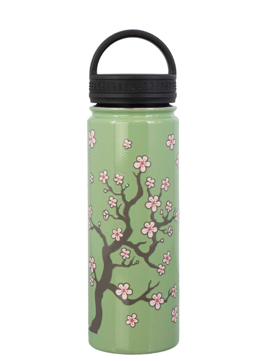 A green stainless steel water bottle with a cherry blossom floral pattern and a black loop lid.