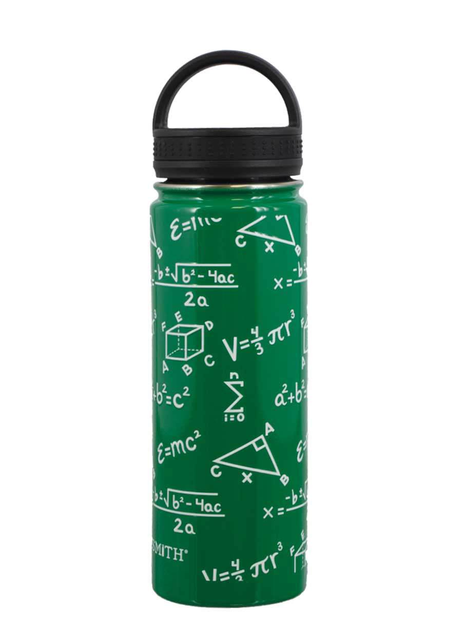 A green stainless steel water bottle with mathematical equations printed on it, featuring a black loop lid and a handle.