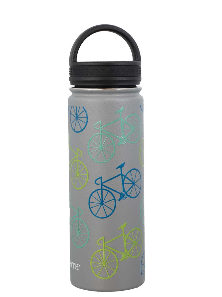 A gray stainless steel water bottle with a loop lid, decorated with a pattern of colorful bicycles.