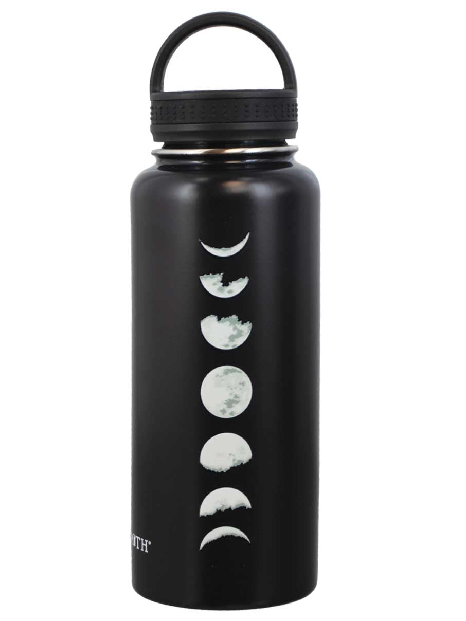 A black stainless steel water bottle with a loop lid, featuring a graphic of the moon in different phases.