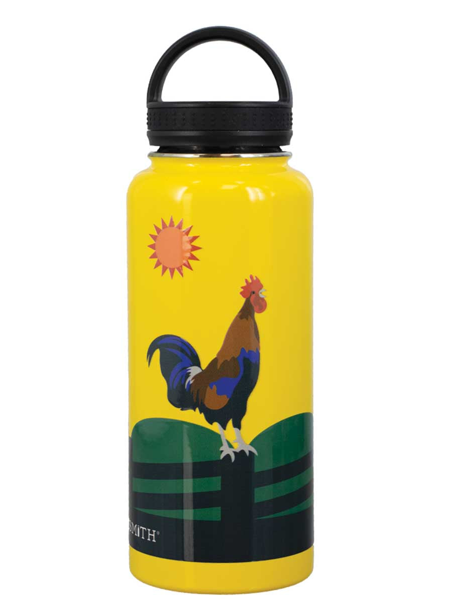 A yellow stainless steel water bottle with a rooster design and a black loop lid.