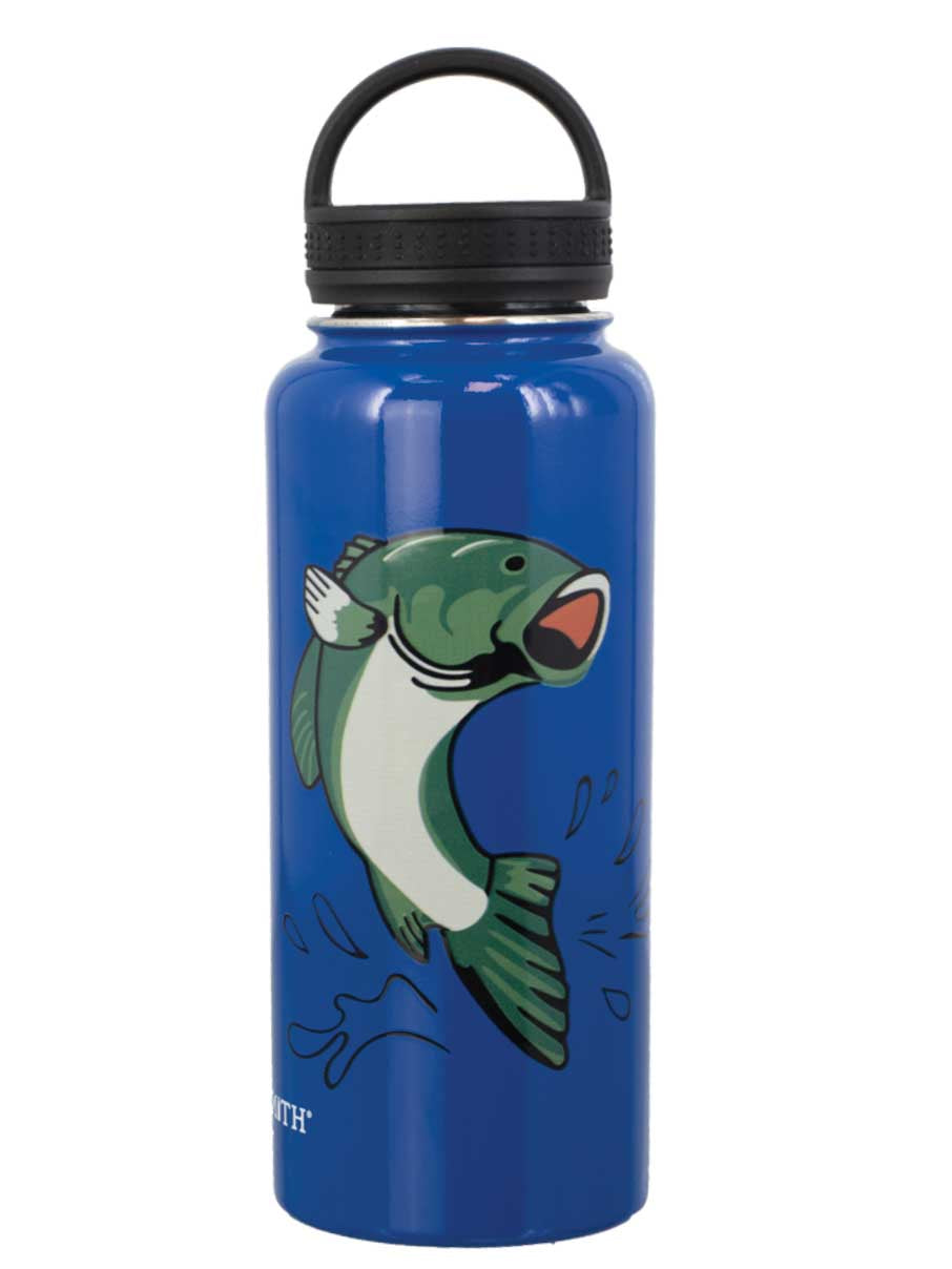 A blue stainless steel water bottle with a cartoon fish illustration and a black loop lid.