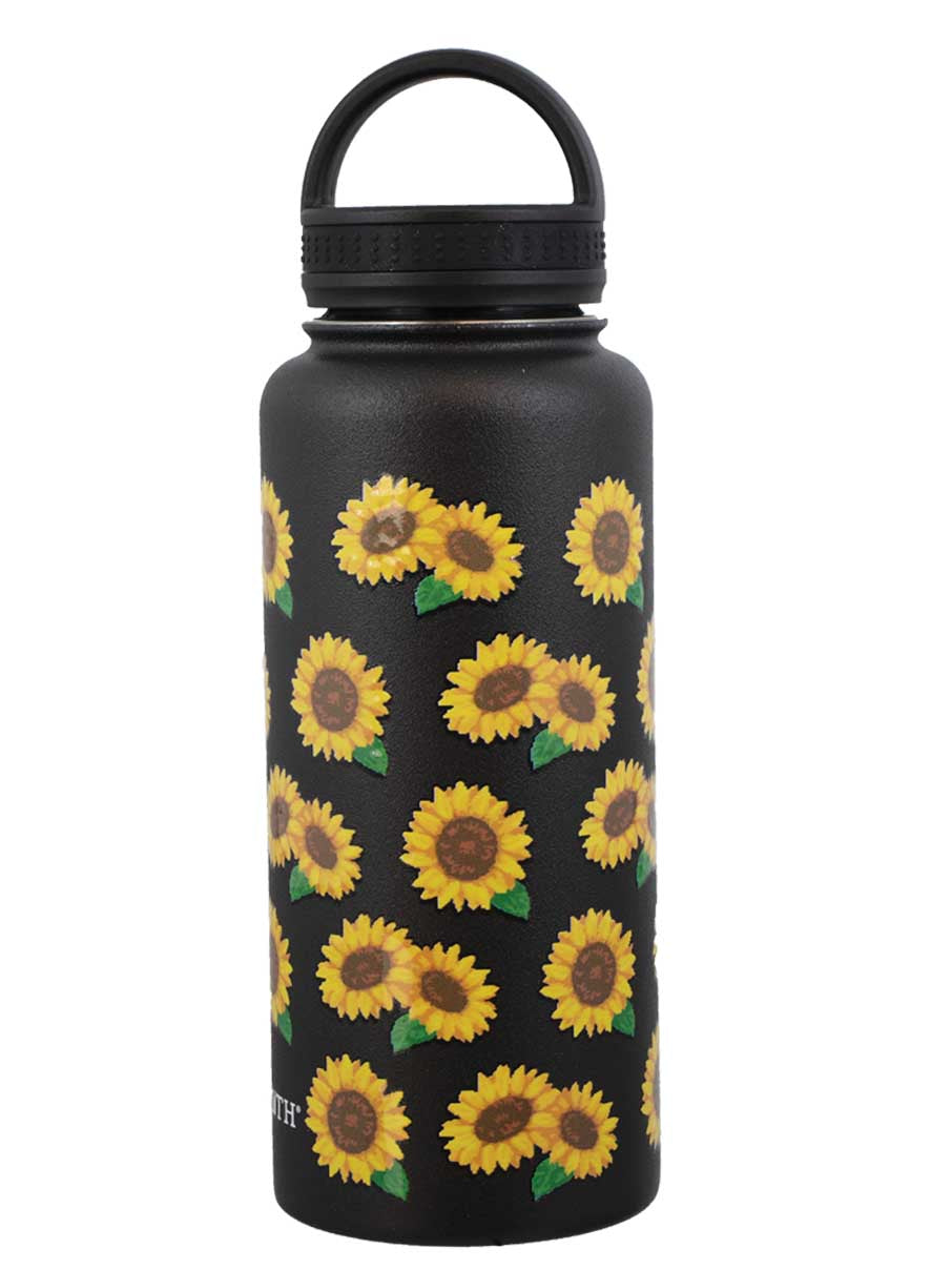 A black stainless steel water bottle with a loop lid, decorated with a pattern of sunflower designs.