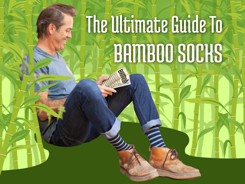 A man sits reading a magazine with the title "bamboo". The header says, "The ultimate guide to bamboo socks"