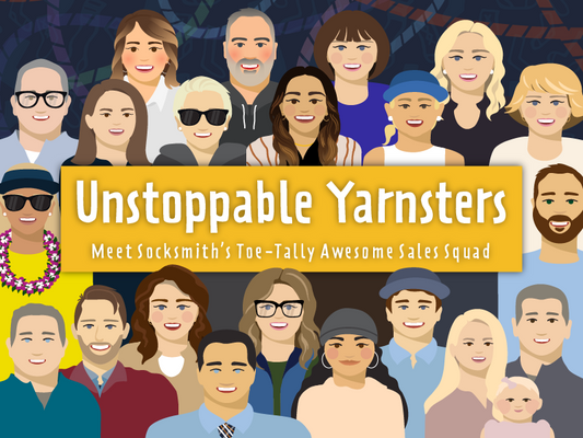 "Unstoppable Yarnsters - Meet Socksmith's Toe-tally Awesome Sales Squad" with an illustration of Socksmith's sales reps in front of a tangled yarn background