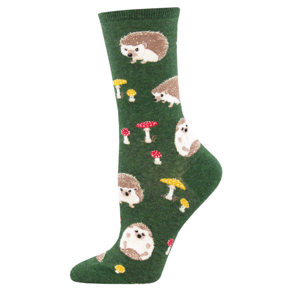 A green crew sock with cartoon hedgehogs, mushrooms, and other forest-themed novelty prints.