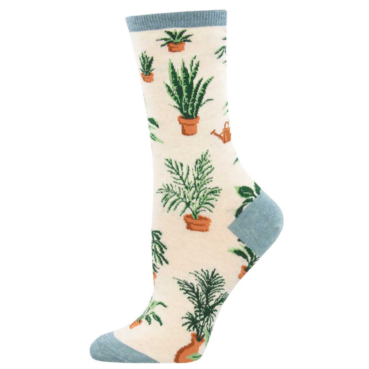 A pair of socks with a green and white design featuring illustrations of potted plants.