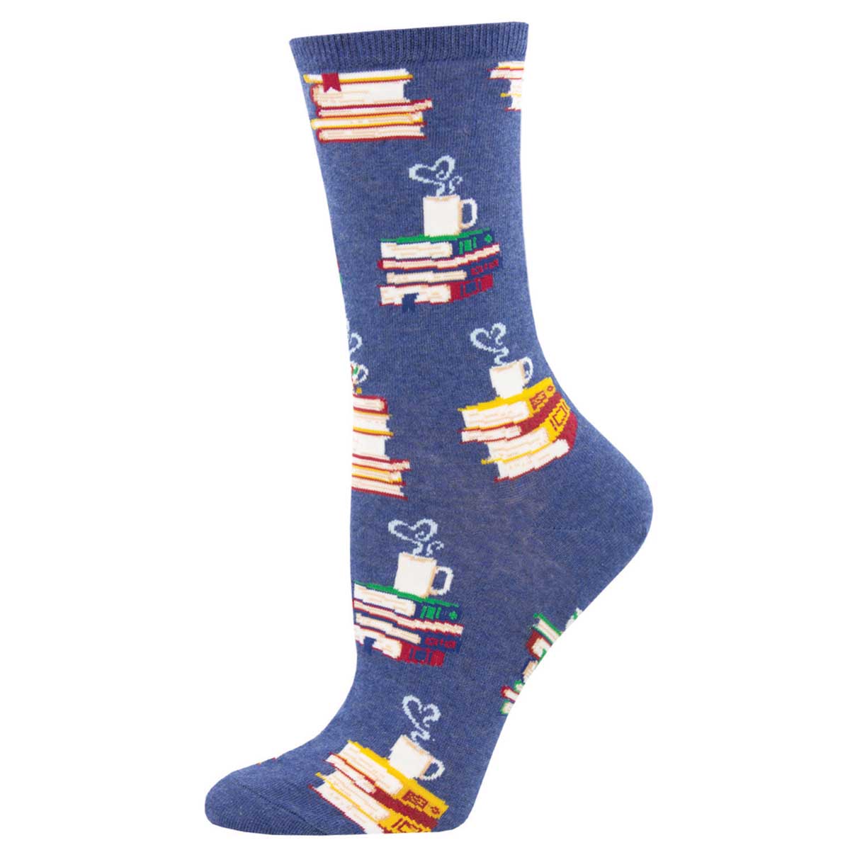 A pair of blue cotton crew socks with a pattern of stacked books and cups of coffee or tea.