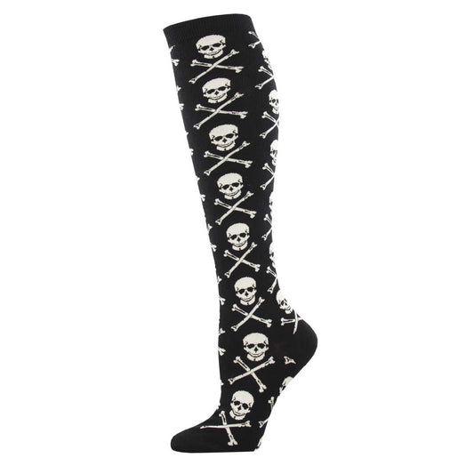 A pair of black knee-high socks with a white skull and crossbones pattern.