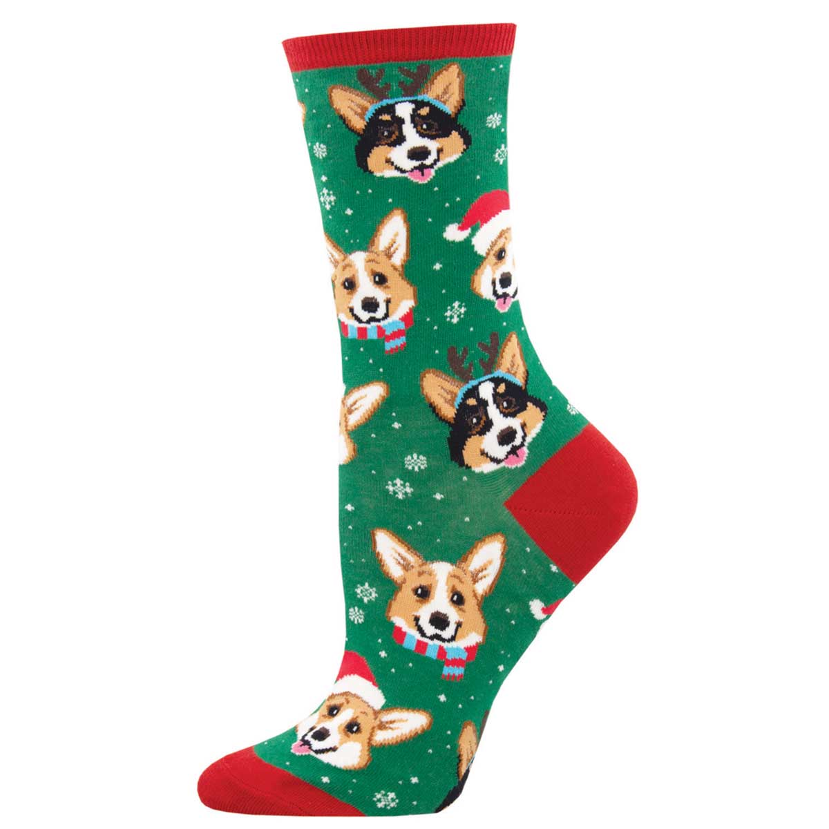 A pair of green and red crew socks with a pattern of corgi dogs wearing Christmas hats.