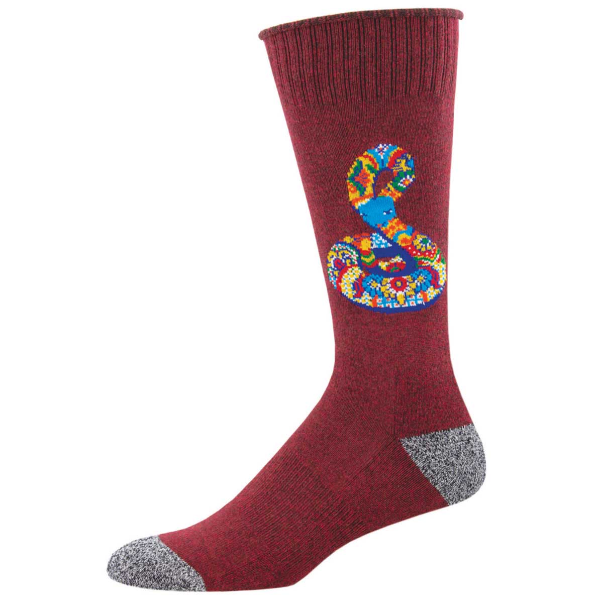 A pair of red socks with a multicolor snake pattern on the cuff, featuring a cushioned footbed and arch support.