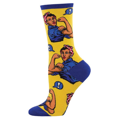 Women's Cotton Crew Socks - Rosie the Riveter with Brown Skin Motif - Yellow and Blue - Socksmith