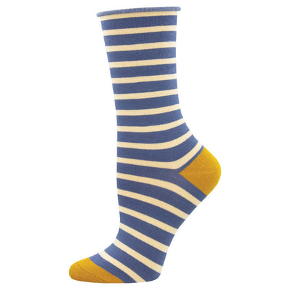 Striped sock with blue, off-white, and yellow colors