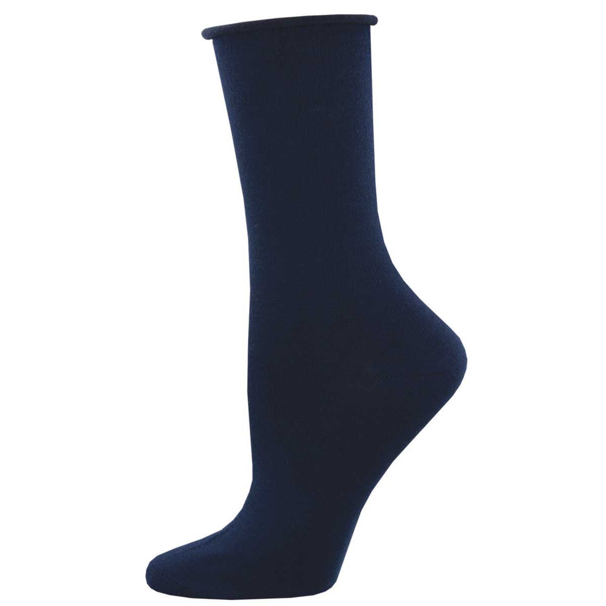 A pair of navy bamboo roll top socks, showcasing the heel and toe areas with a textured pattern.