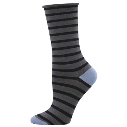 Gray and black striped sock with blue heel and toe