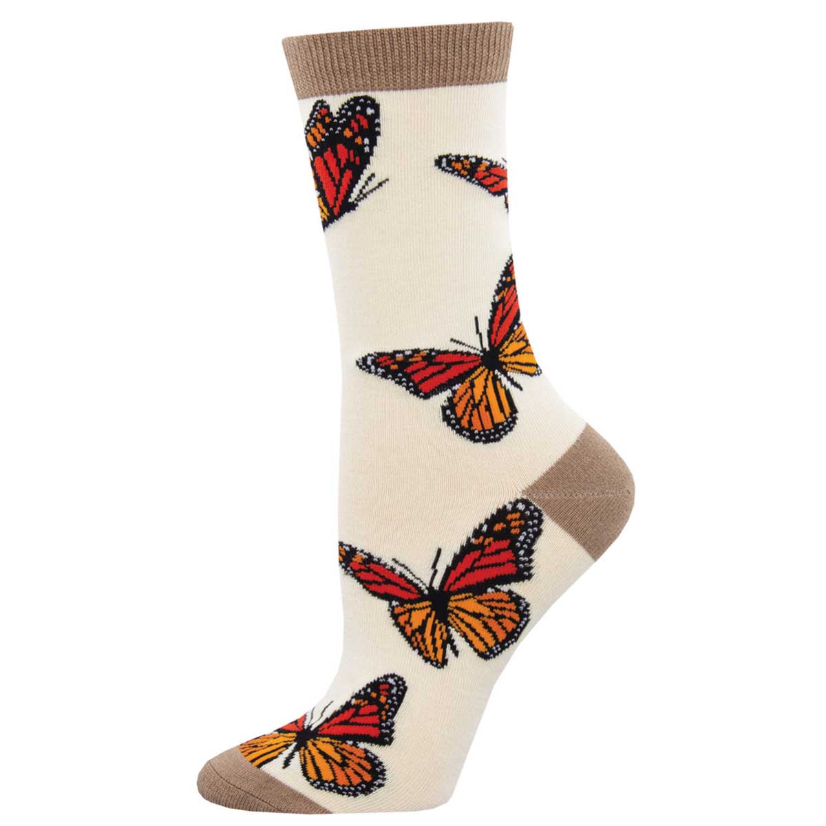 A pair of ivory socks with a pattern of multicolored butterflies.