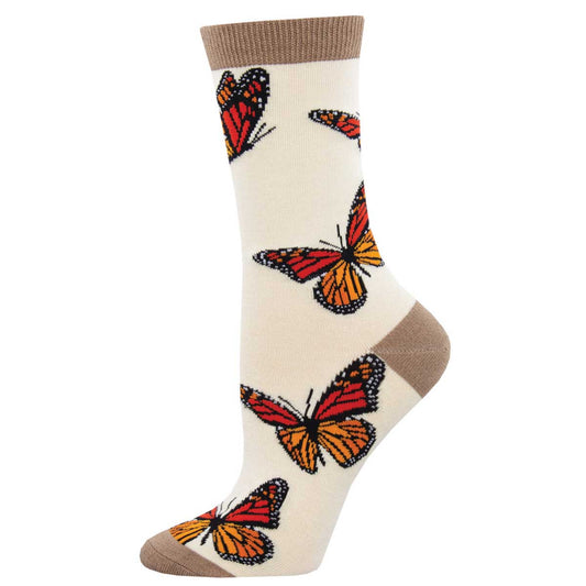 A pair of ivory socks with a pattern of multicolored butterflies.