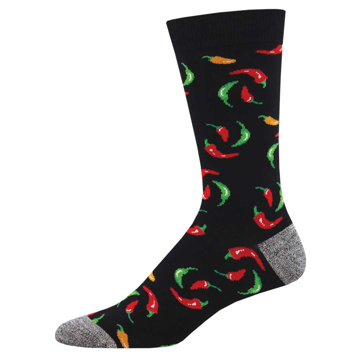 A black sock with a pattern of colorful chili peppers.