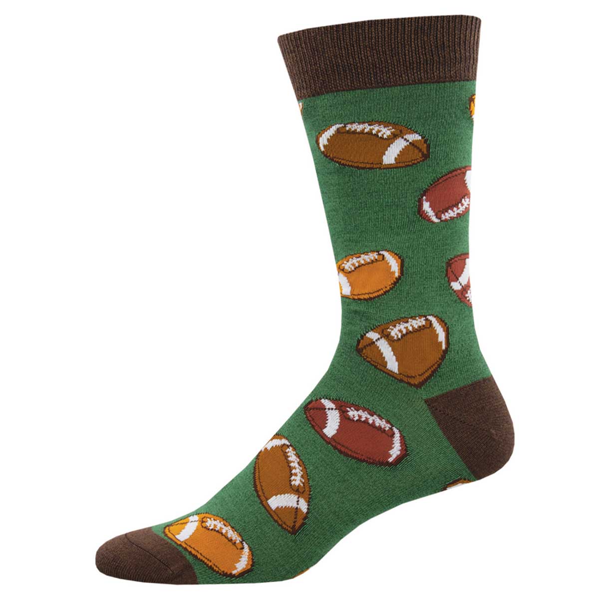 A pair of green bamboo socks with football patterns and brown accents.