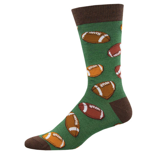 A pair of green bamboo socks with football patterns and brown accents.