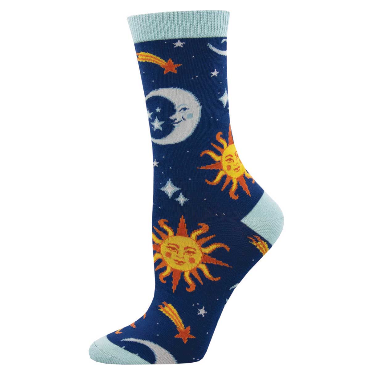 A pair of women's socks with a pattern of suns, moons, and stars against a dark blue background.