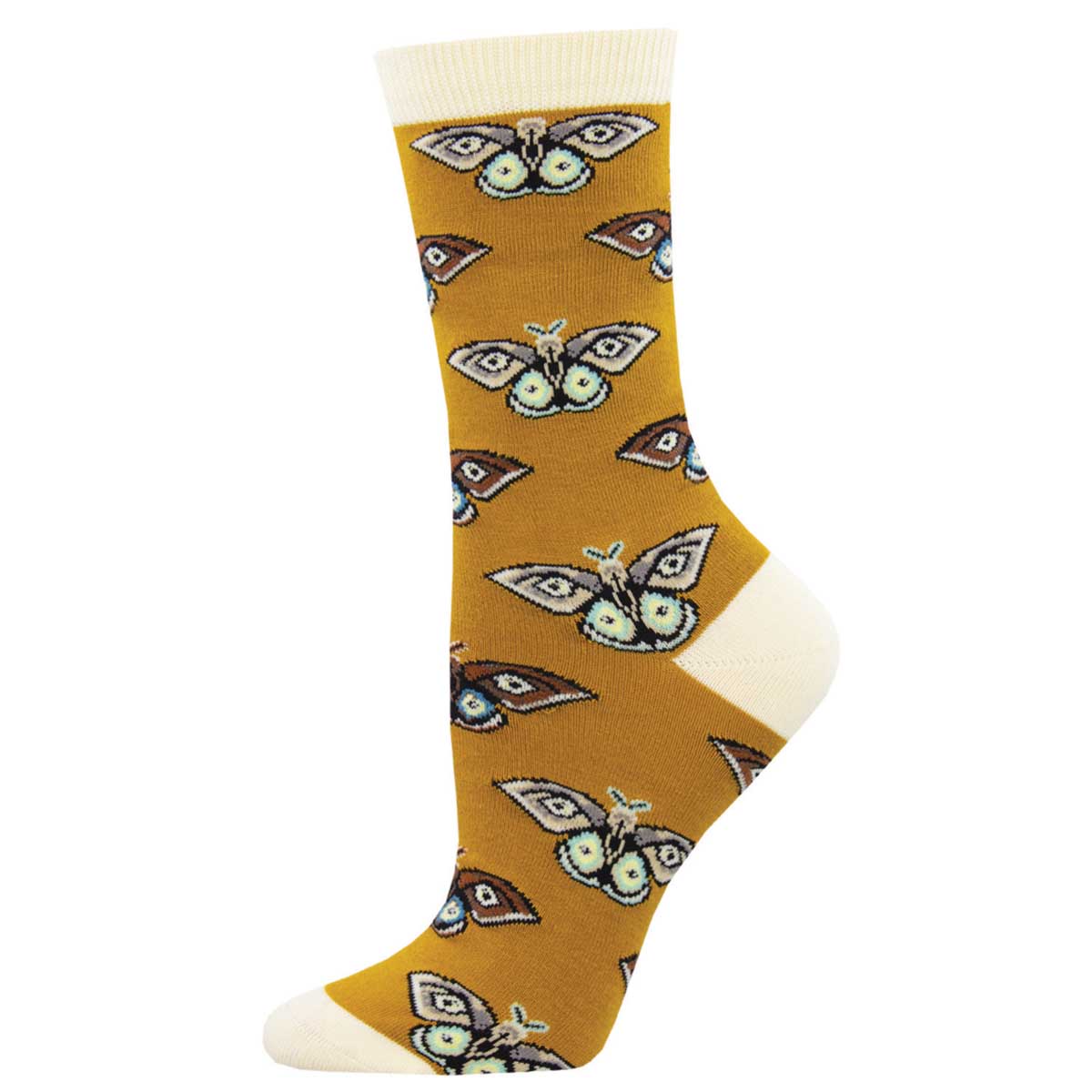 A pair of gold bamboo socks with a pattern of beautiful moths in flight.