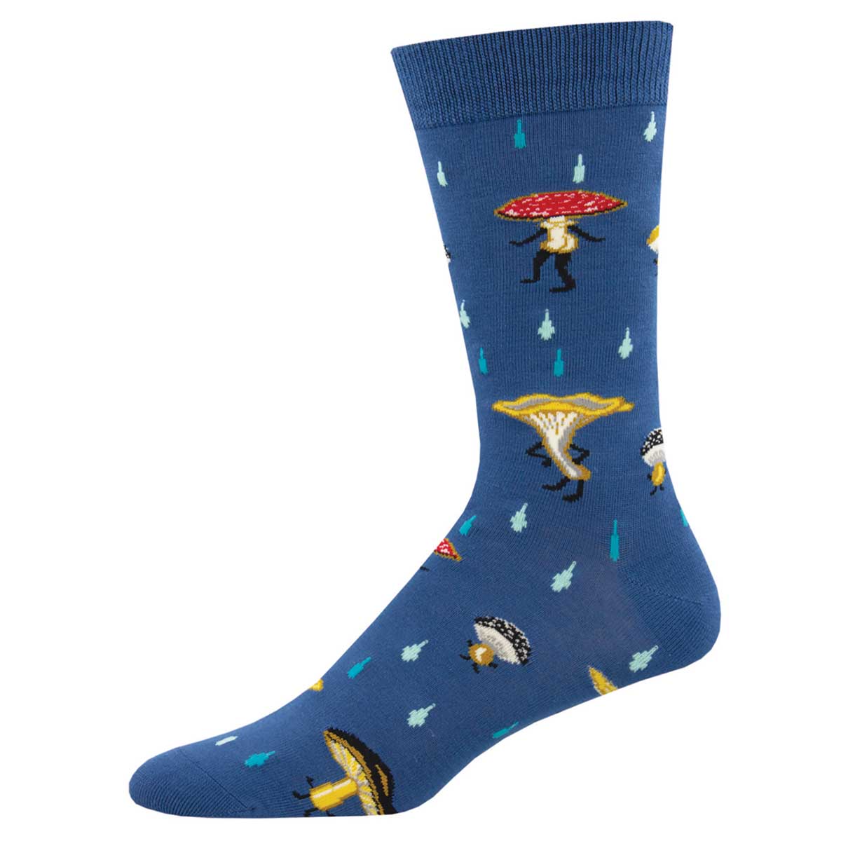 A pair of blue crew socks with a pattern of various mushrooms.