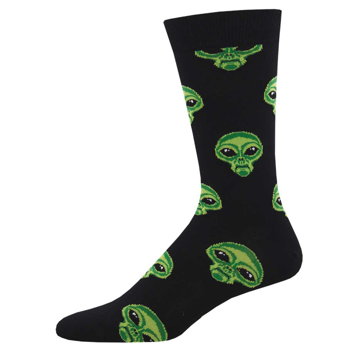 A black dress sock with a pattern of green alien heads.