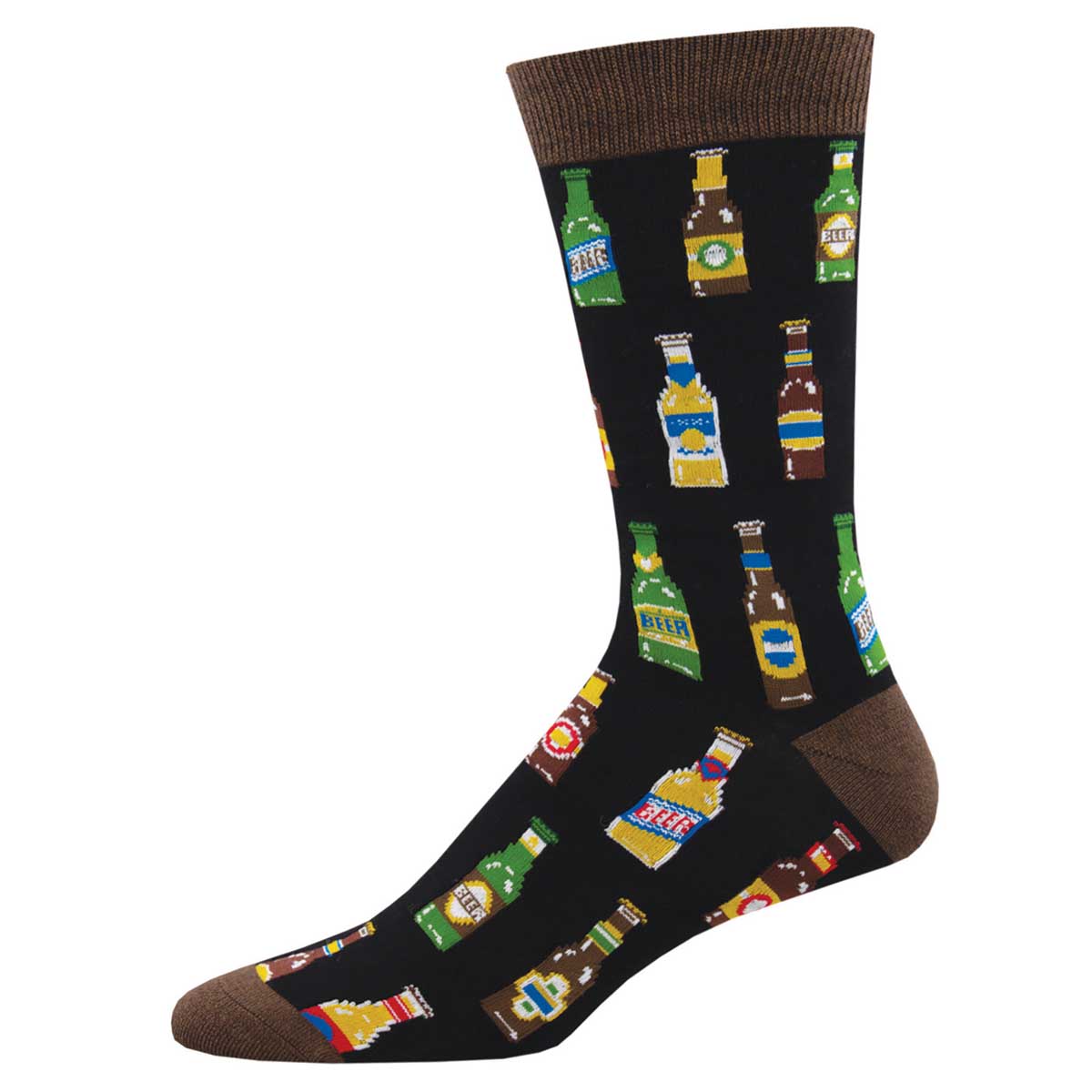 A pair of men's socks with a pattern of various beverage bottles, predominantly beer bottles, on a black background with brown at the cuffs.
