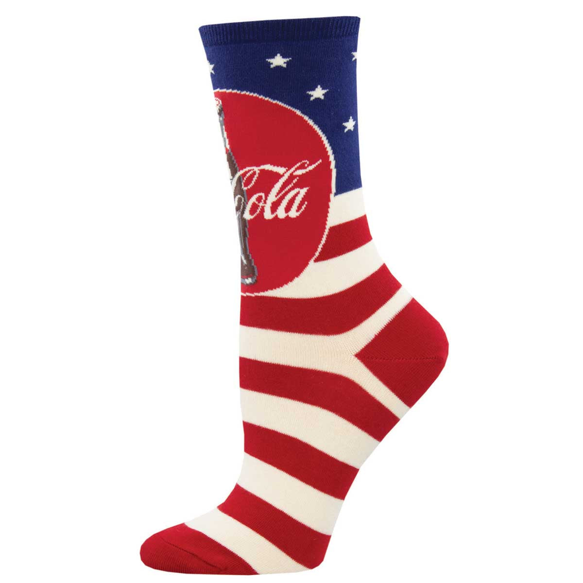 A pair of colorful socks featuring the Coca-Cola logo and the American flag stripes and stars design