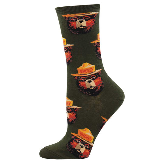 A pair of green crew socks with Smokey Bear character design.