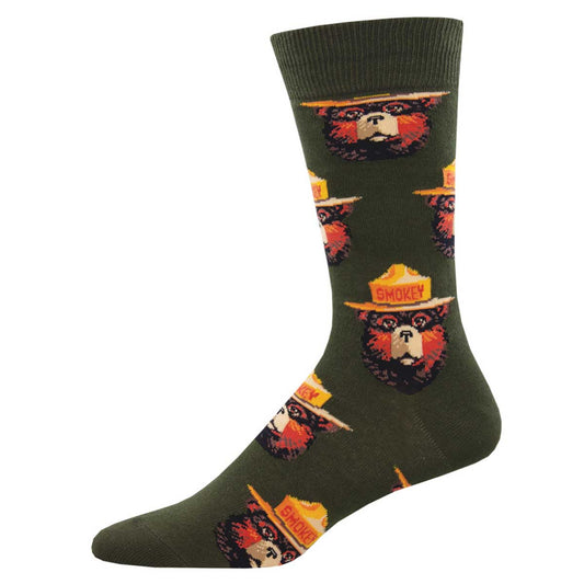 Men's Cotton Crew Socks - Smokey Bear Face Design - Green - Socksmith