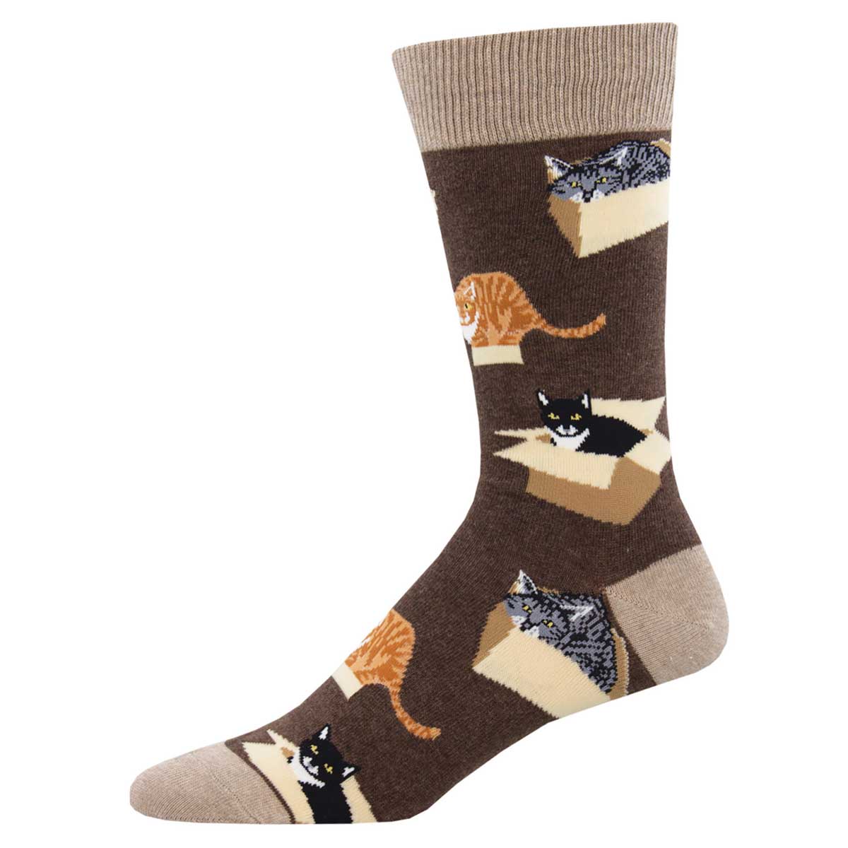A pair of brown crew socks with a pattern of cats in various positions, such as sitting, lying, and standing inside boxes.
