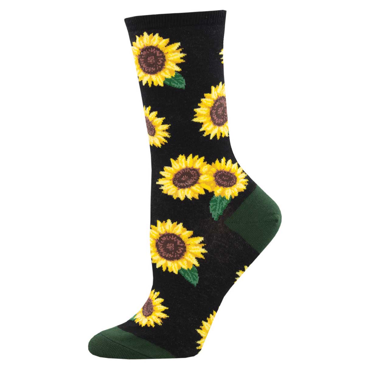 Women's Cotton Crew Socks - Sunflower Print - Black - Socksmith