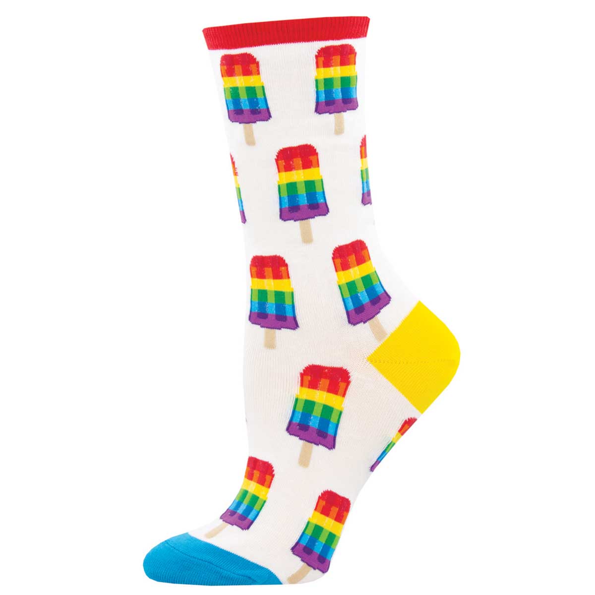 A pair of colorful crew socks with a pattern of ice cream popsicles in a rainbow spectrum design on a white background.