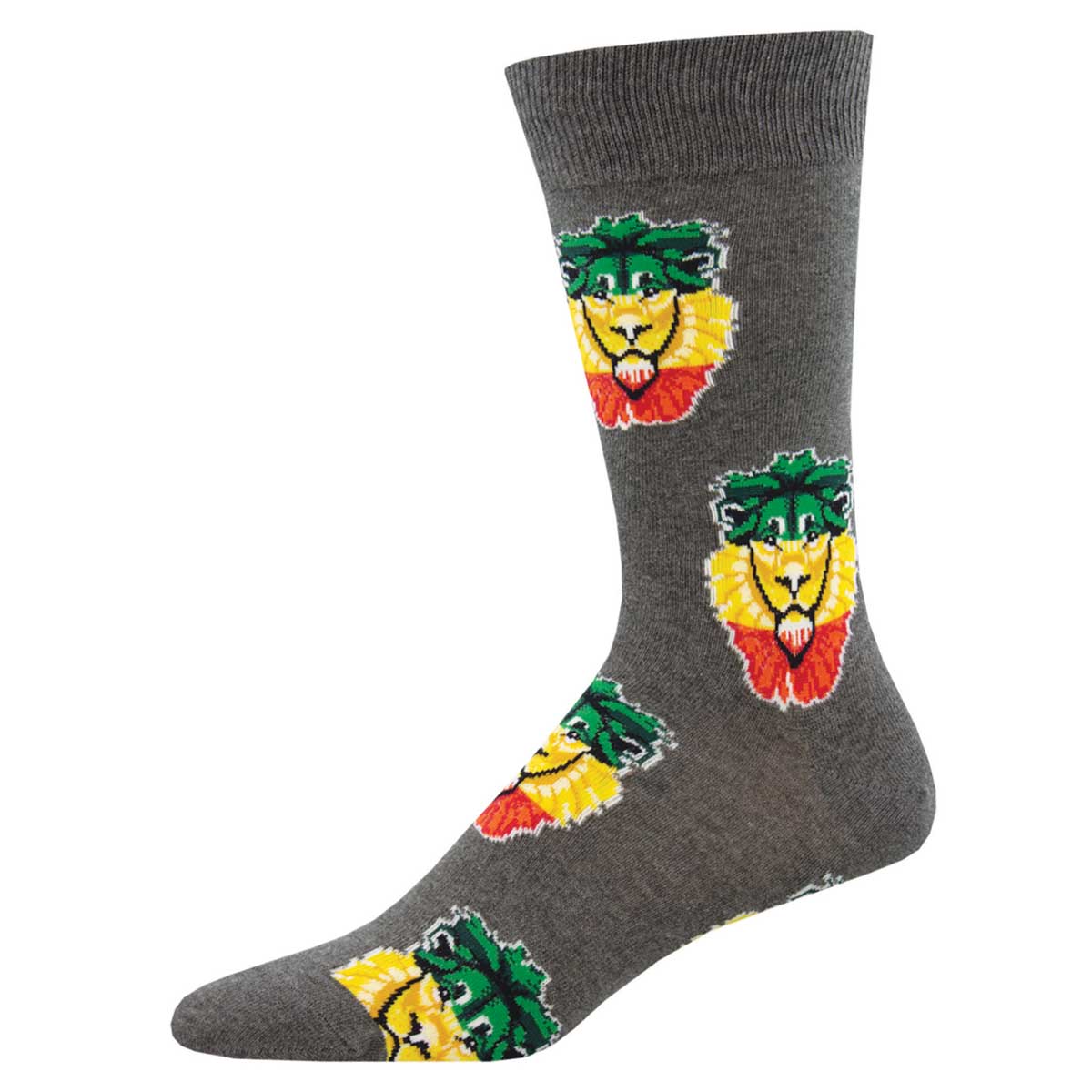 A pair of gray crew socks with a pattern of colorful lion heads in red, yellow, and green.