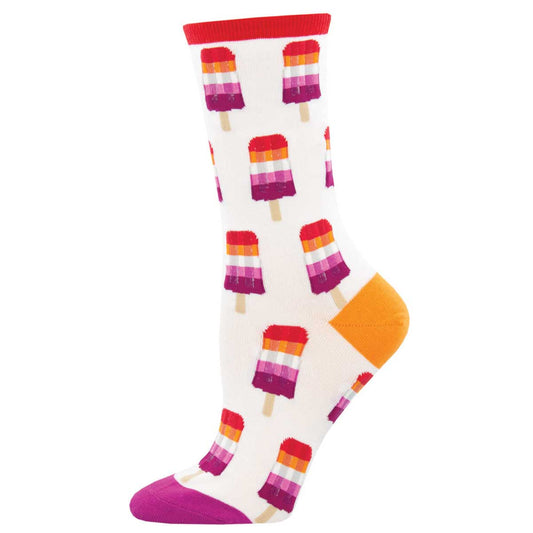 A pair of white crew socks with a pattern of colorful popsicles, featuring red, orange, and purple colors, and a matching red heel and toe design.