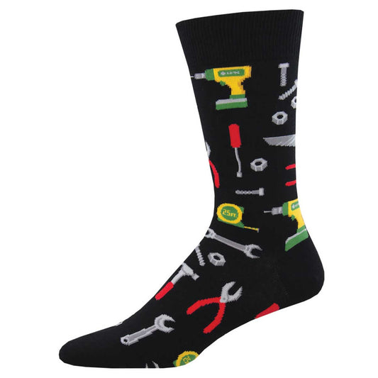 A pair of black crew socks with a variety of colorful tool illustrations such as wrenches, screws, drills, and measuring tapes.